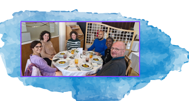 Six membres de la délégation française et espagnole sont attablées au restaurant d'application du lycée.